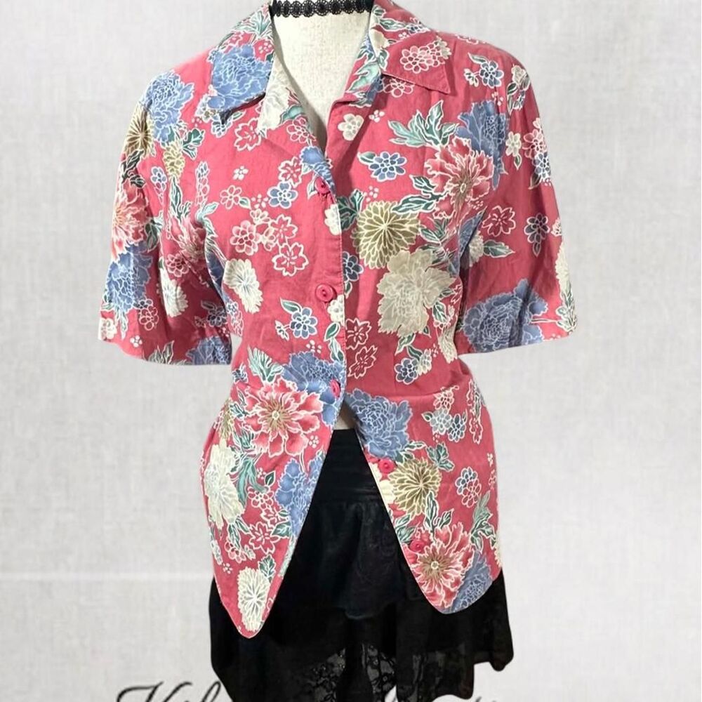 Retro Fairycore Summer Floral Pink and Multicolored Button Up Top